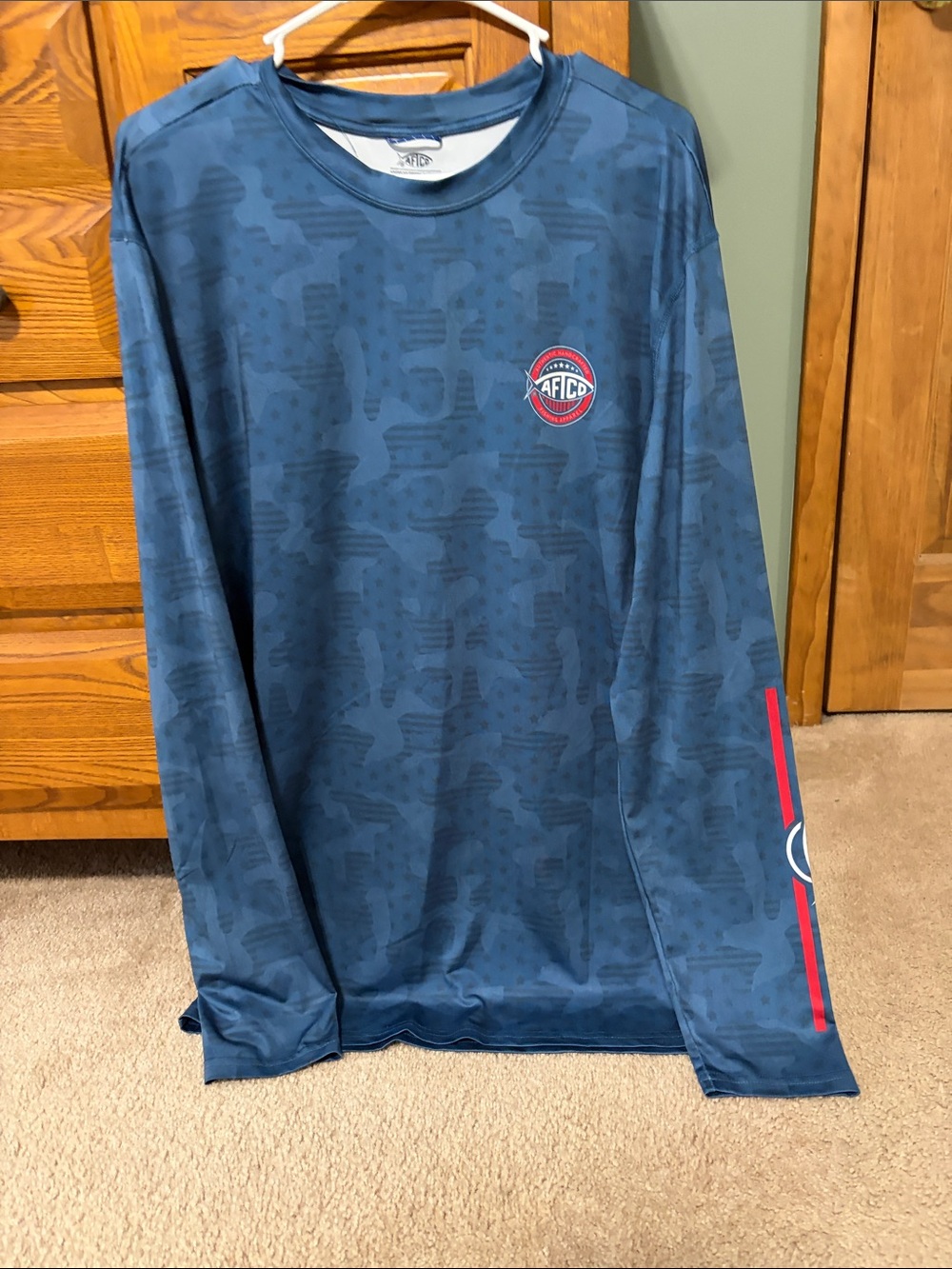 AFTCO Men's Long-Sleeve Fishing Shirt -  Blue with Red Accents